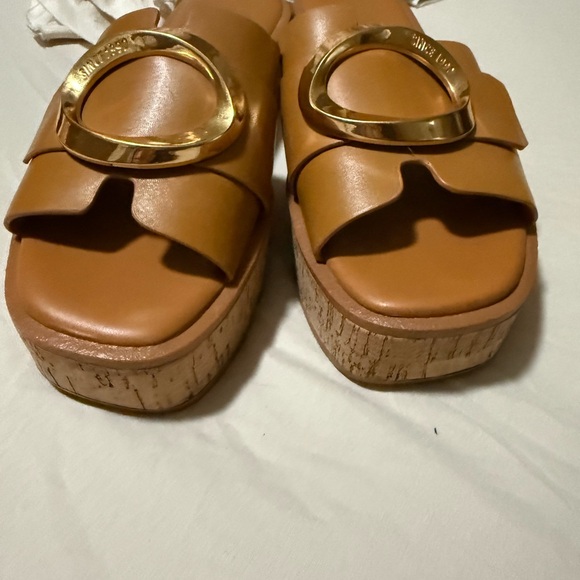 Franco Sarto Tan Cork Sandals with Gold Accent - Picture 6 of 8